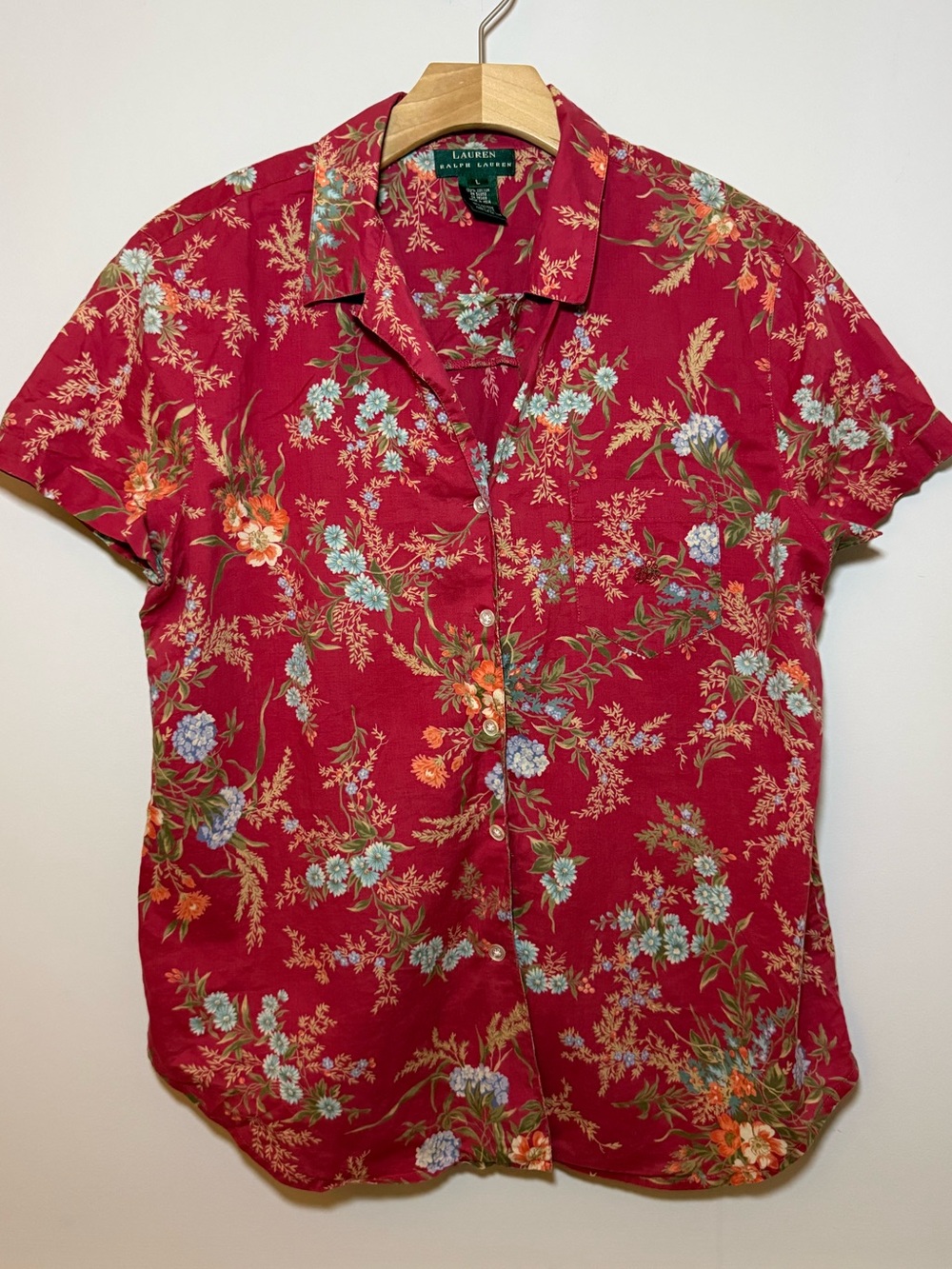 Lauren Ralph Lauren red floral button down  cotton short sleeve shirt. L